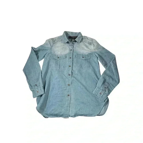 Polly & Esther Floral-Embroidered Button Up Shirt Chambray Women's Top S NWT - Picture 4 of 13